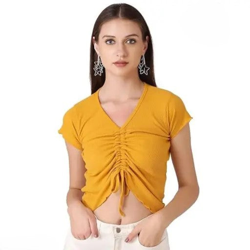 Ruched Drawstring Ribbed Crop Top  Trendy Slim-Fit Stretch Wear