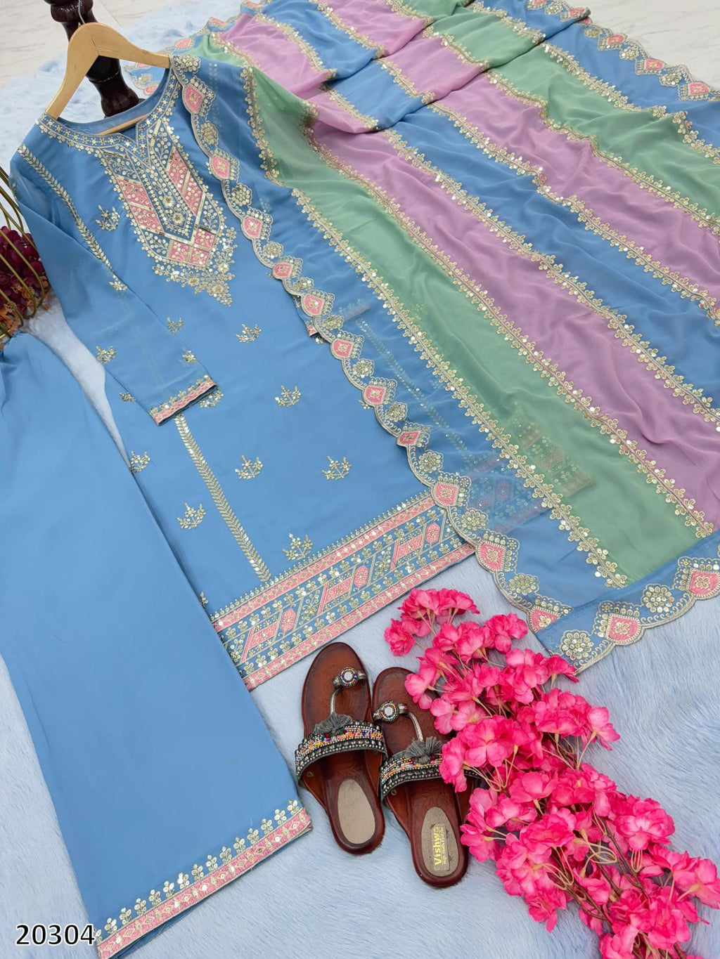 Sunshine Grace Embroidered Suit Set with Dual-Tone Dupatta