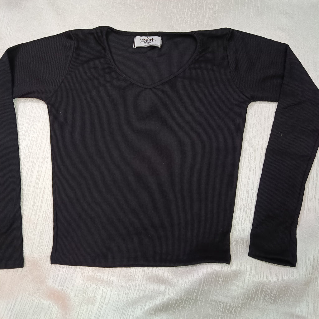 Elegant Ribbed Cotton Long Sleeve Crop Top – Perfect Blend of Comfort & Style
