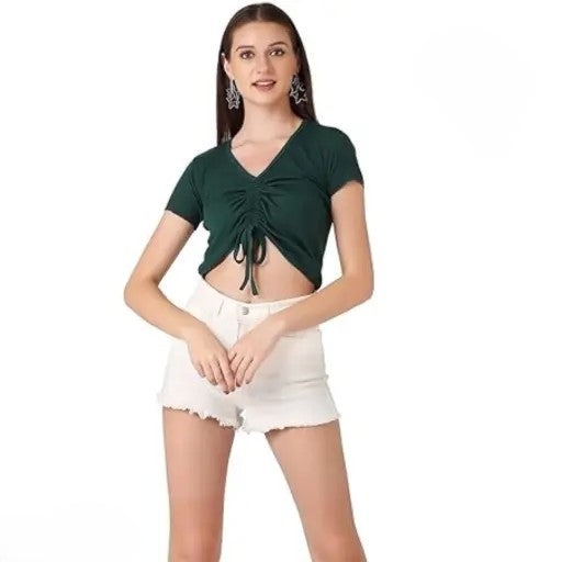 Ruched Drawstring Ribbed Crop Top  Trendy Slim-Fit Stretch Wear