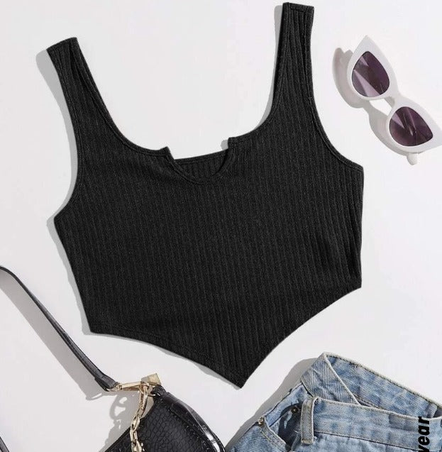 Ribbed V-Hem Stretch Crop Top