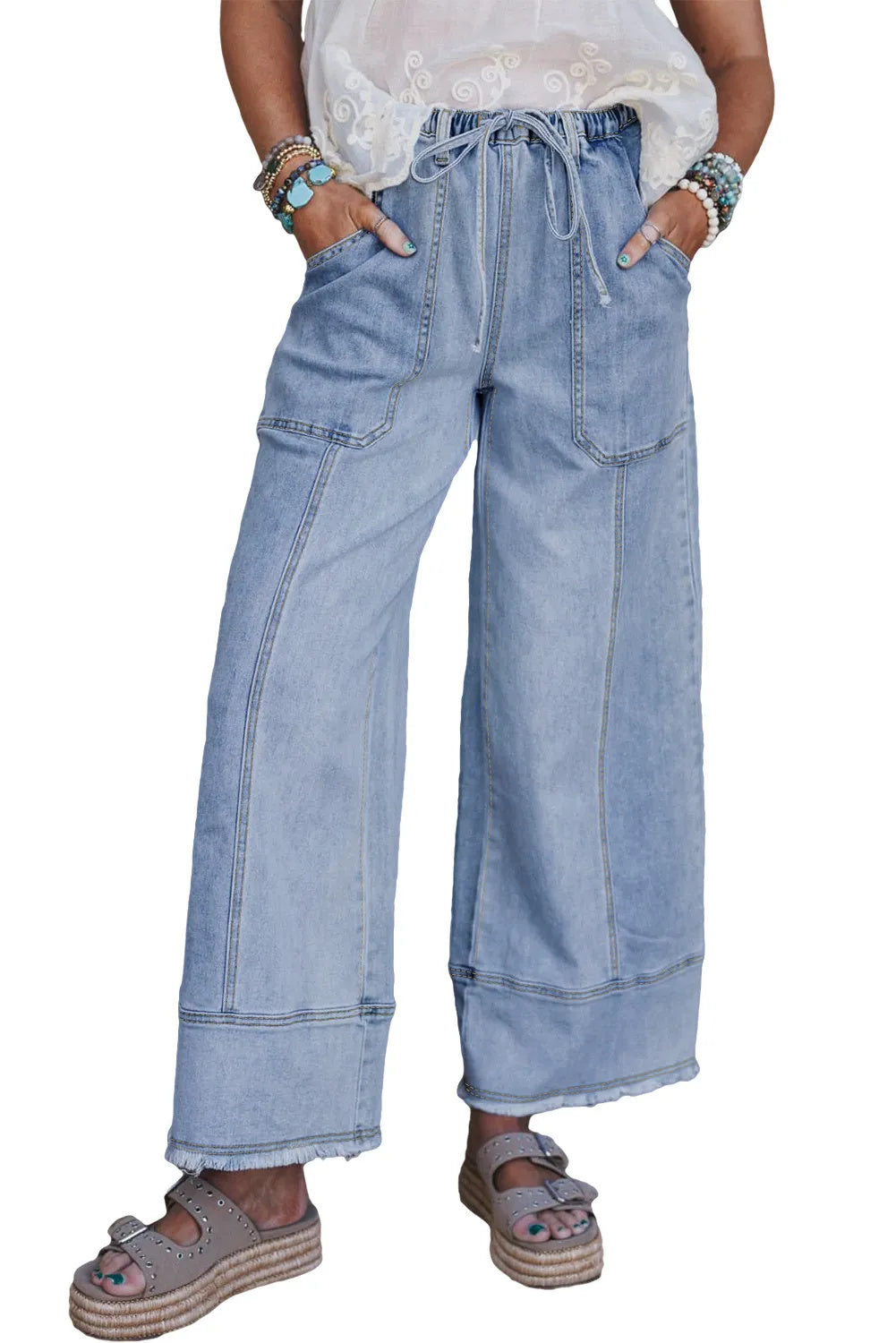 UrbanEase Women’s Wide-Leg Drawstring Denim Pants