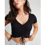 Ruched Drawstring Ribbed Crop Top  Trendy Slim-Fit Stretch Wear