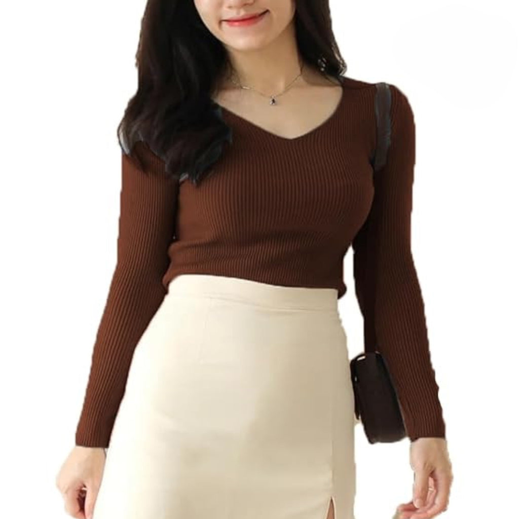 Elegant Ribbed Cotton Long Sleeve Crop Top – Perfect Blend of Comfort & Style