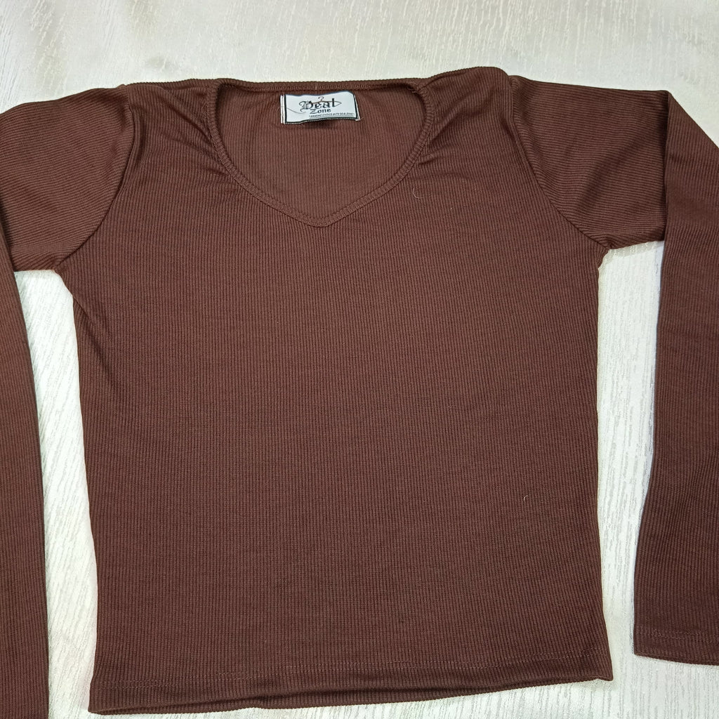 Elegant Ribbed Cotton Long Sleeve Crop Top – Perfect Blend of Comfort & Style