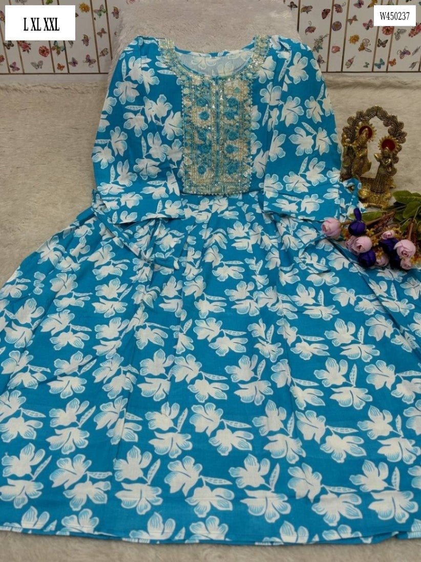 Jaipuri Cotton One-Piece Kurti with Full Flair & Dori Design – W45