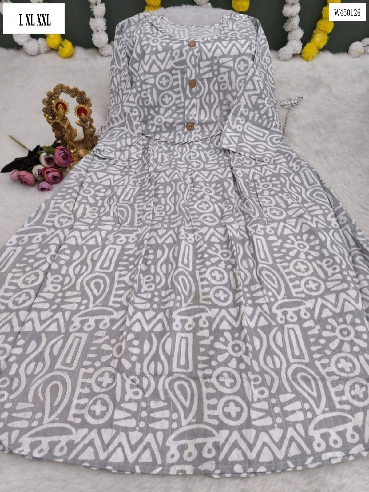 Jaipuri Cotton One-Piece Kurti with Full Flair & Dori Design – W45