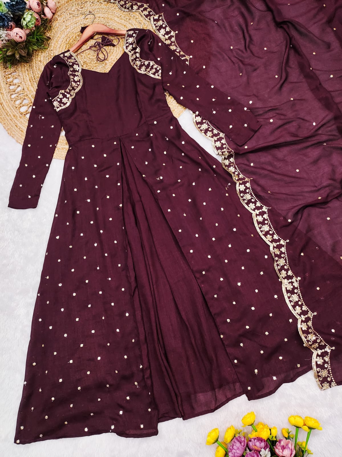 Luxury Maroon Anarkali Suit with Embroidered Dupatta – HerBliss Exclusive