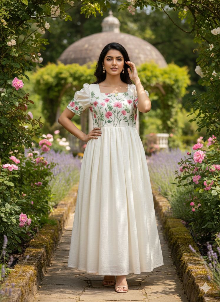 Elegant White Floral Embroidered Maxi Dress – HerBliss Exclusive