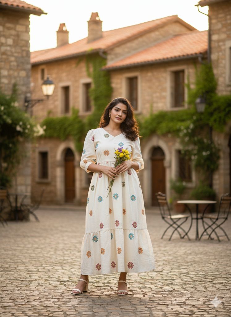 Elegant White Floral Embroidered Maxi Dress – HerBliss Exclusive