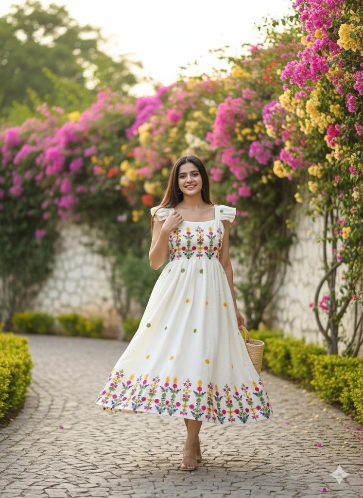 Elegant White Floral Embroidered Maxi Dress – HerBliss Exclusive