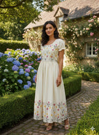 Elegant White Floral Embroidered Maxi Dress – HerBliss Exclusive