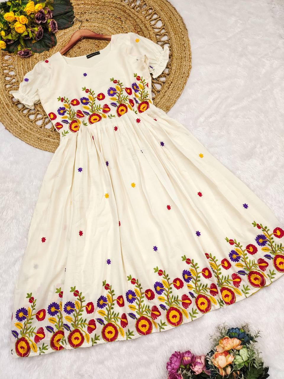 Elegant White Floral Embroidered Maxi Dress – HerBliss Exclusive