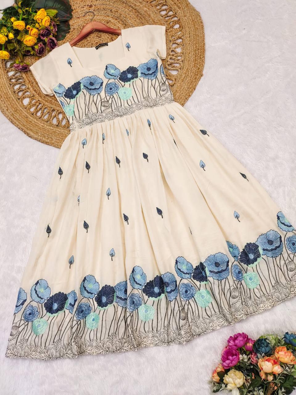 Elegant White Floral Embroidered Maxi Dress – HerBliss Exclusive