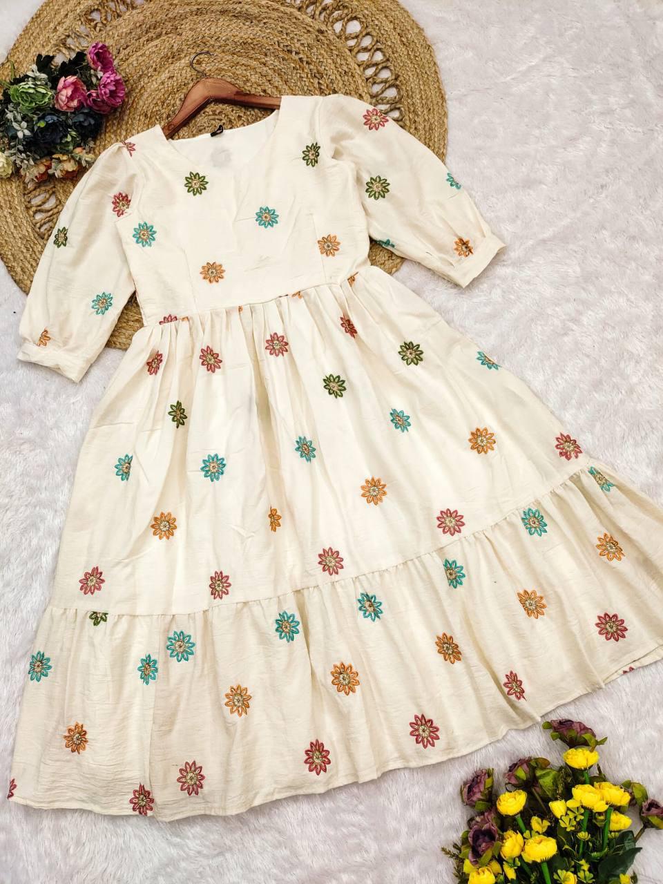 Elegant White Floral Embroidered Maxi Dress – HerBliss Exclusive