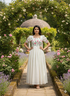 Elegant White Floral Embroidered Maxi Dress – HerBliss Exclusive