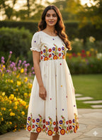 Elegant White Floral Embroidered Maxi Dress – HerBliss Exclusive