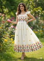 Elegant White Floral Embroidered Maxi Dress – HerBliss Exclusive