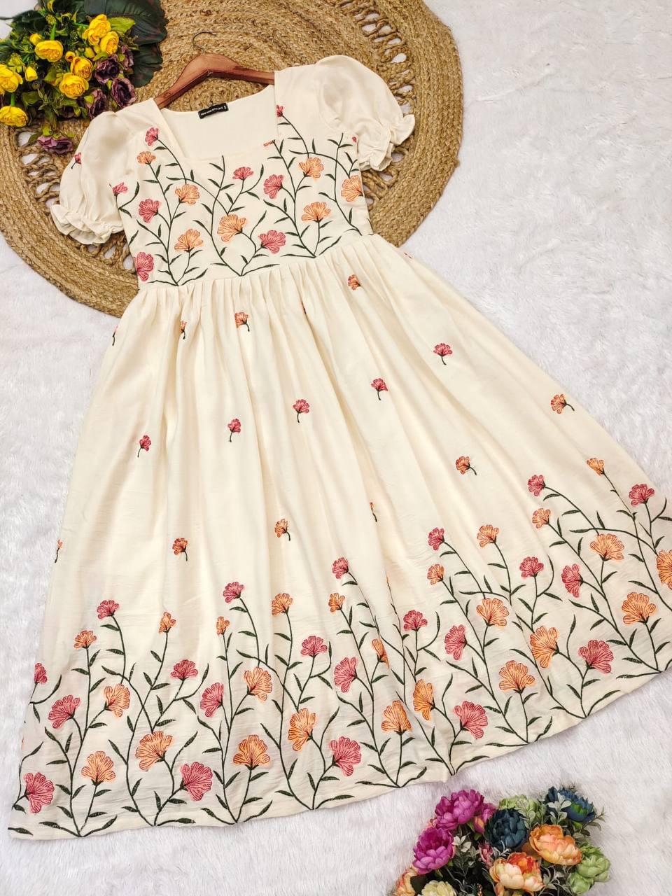 Elegant White Floral Embroidered Maxi Dress – HerBliss Exclusive