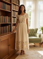 Elegant White Floral Embroidered Maxi Dress – HerBliss Exclusive