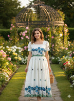 Elegant White Floral Embroidered Maxi Dress – HerBliss Exclusive