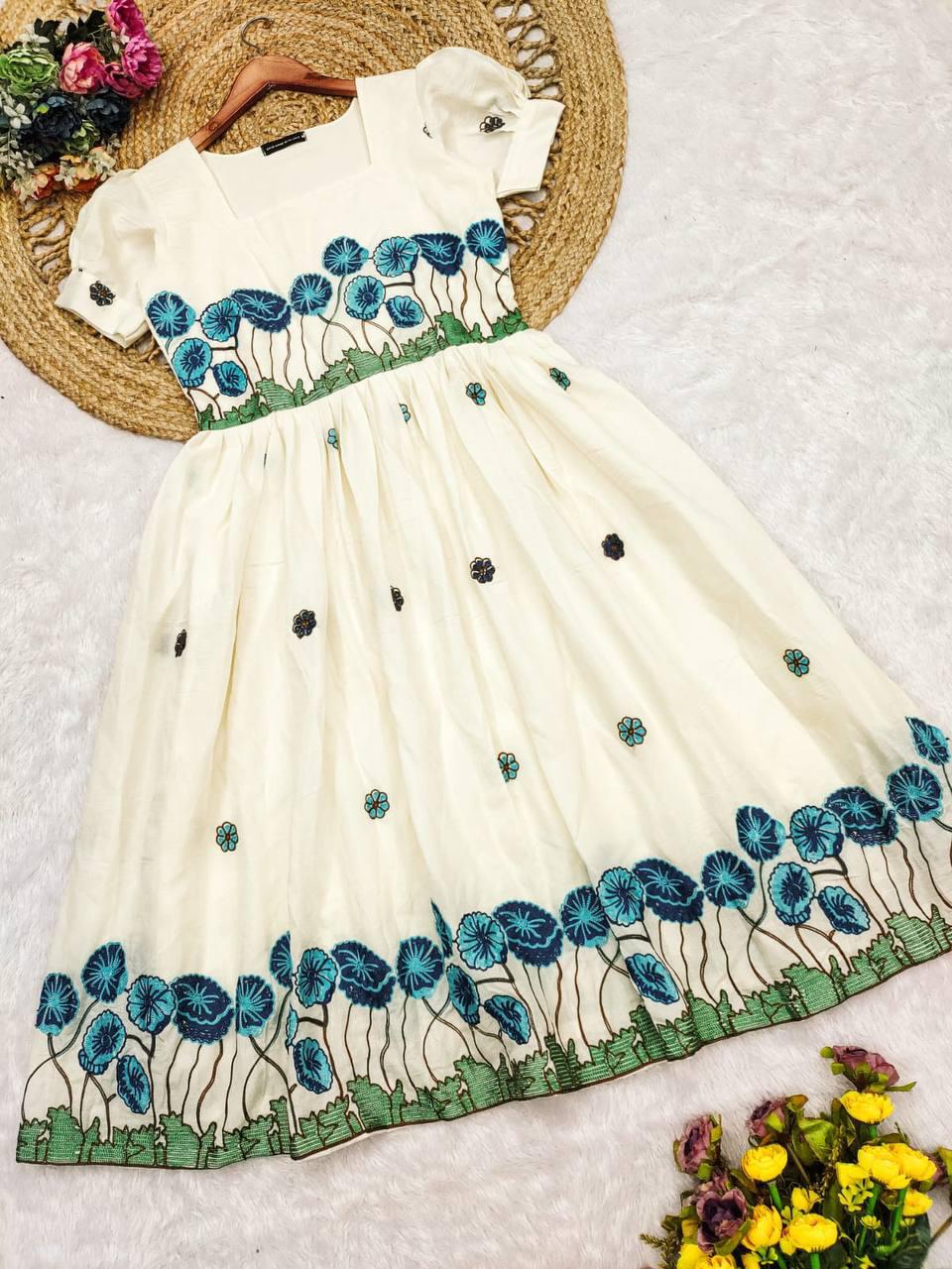 Elegant White Floral Embroidered Maxi Dress – HerBliss Exclusive