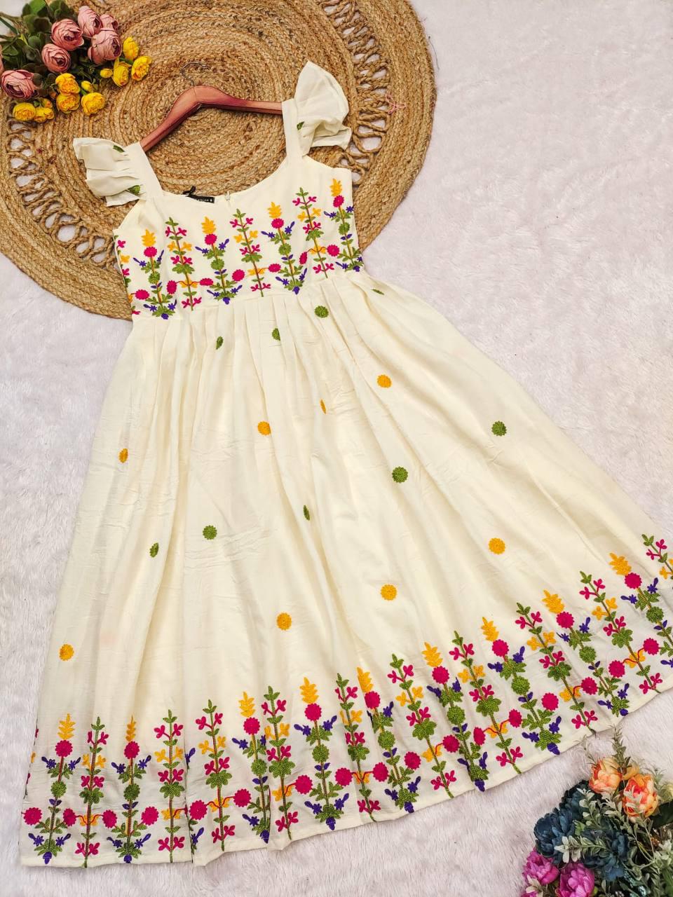 Elegant White Floral Embroidered Maxi Dress – HerBliss Exclusive