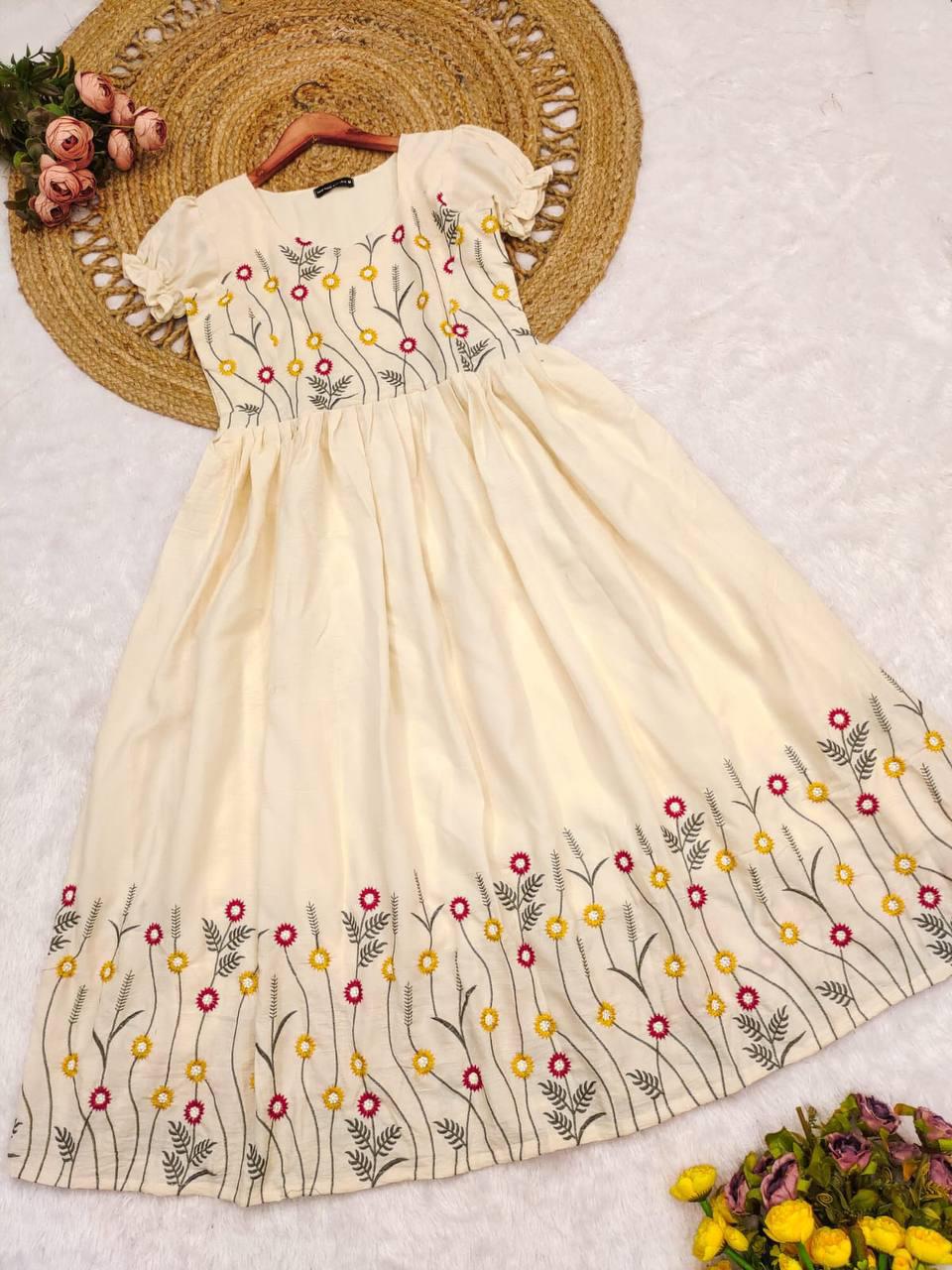 Elegant White Floral Embroidered Maxi Dress – HerBliss Exclusive