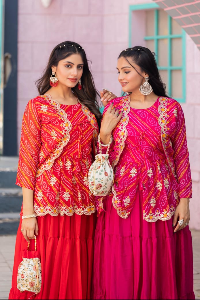 Herbliss Exclusive – Bandhej Crop Top Lehenga with Embroidered Jacket (Diwali Special)