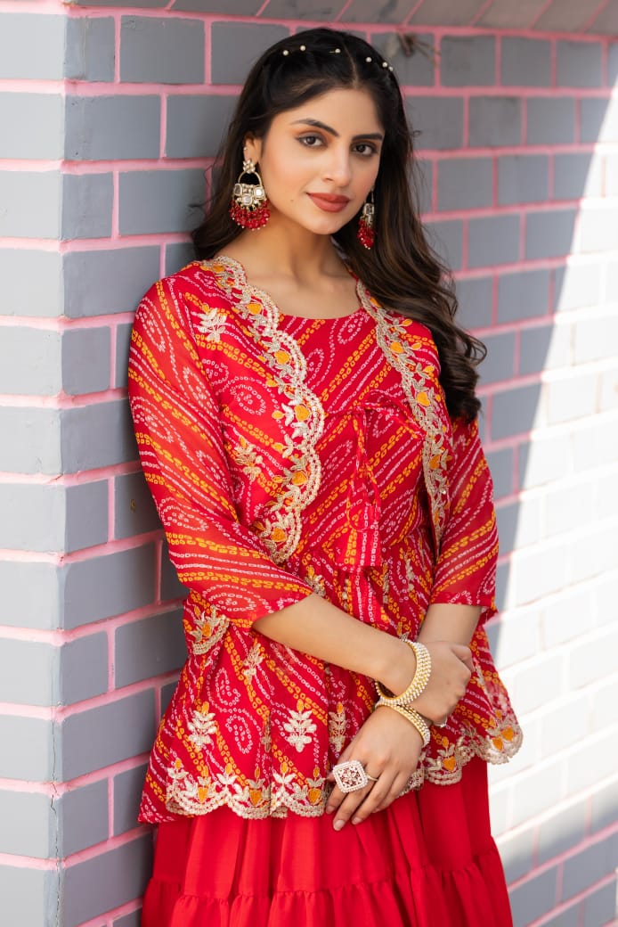 Herbliss Exclusive – Bandhej Crop Top Lehenga with Embroidered Jacket (Diwali Special)