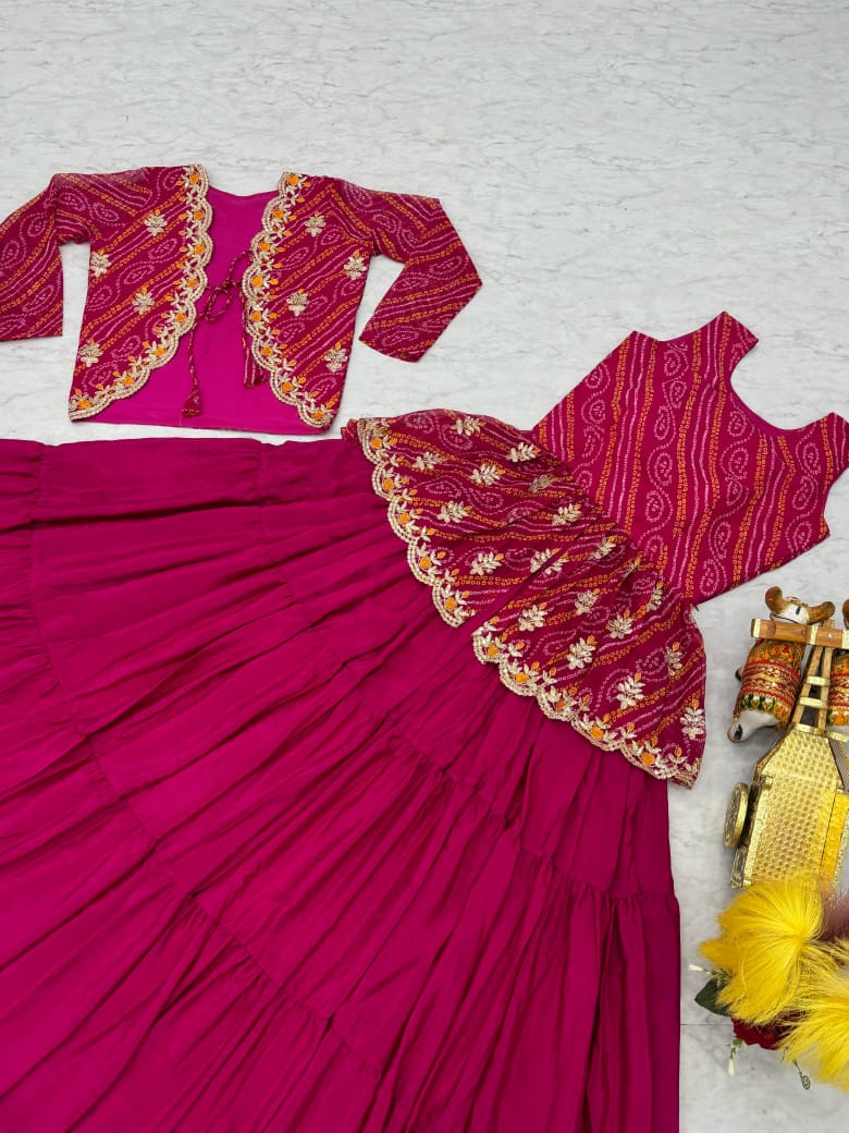 Herbliss Exclusive – Bandhej Crop Top Lehenga with Embroidered Jacket (Diwali Special)