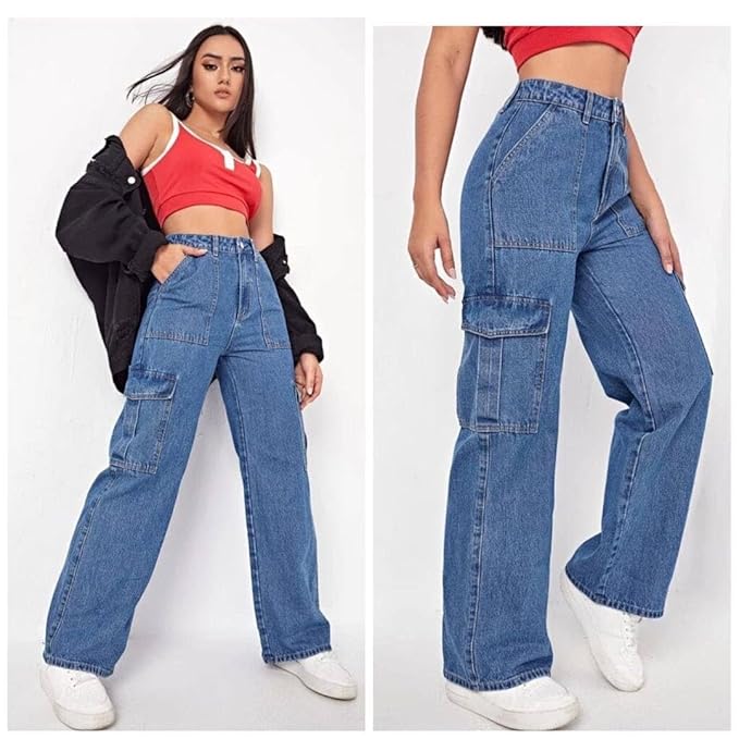 High-Waist Cargo Fit Women’s Jeans – Stretchable 3x1 Lycra Denim