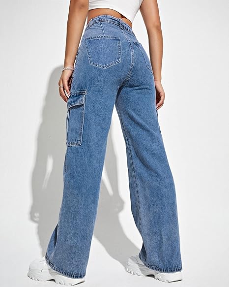 High Waist Cargo Denim Jeans for Women Trendy Wide Leg Streetwear Fit