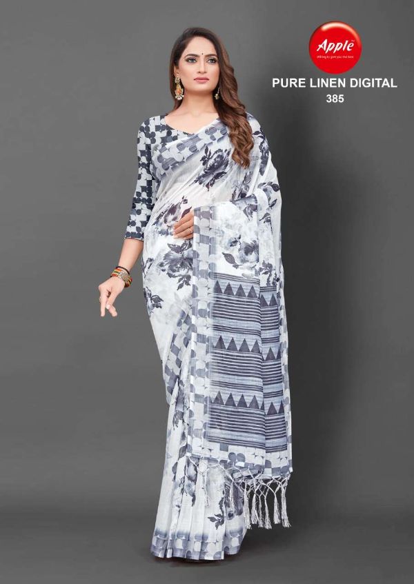 White Base Pure Linen Digital Print Saree – Apple Casual Fancy Collection