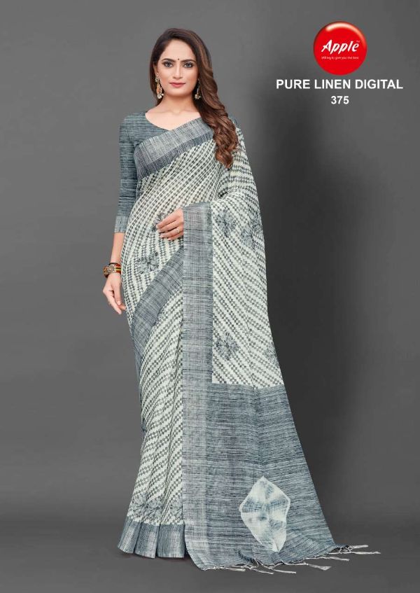 White Base Pure Linen Digital Print Saree – Apple Casual Fancy Collection