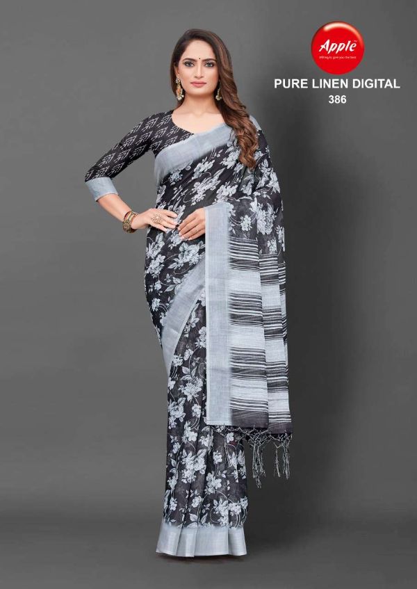 White Base Pure Linen Digital Print Saree – Apple Casual Fancy Collection