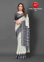 White Base Pure Linen Digital Print Saree – Apple Casual Fancy Collection