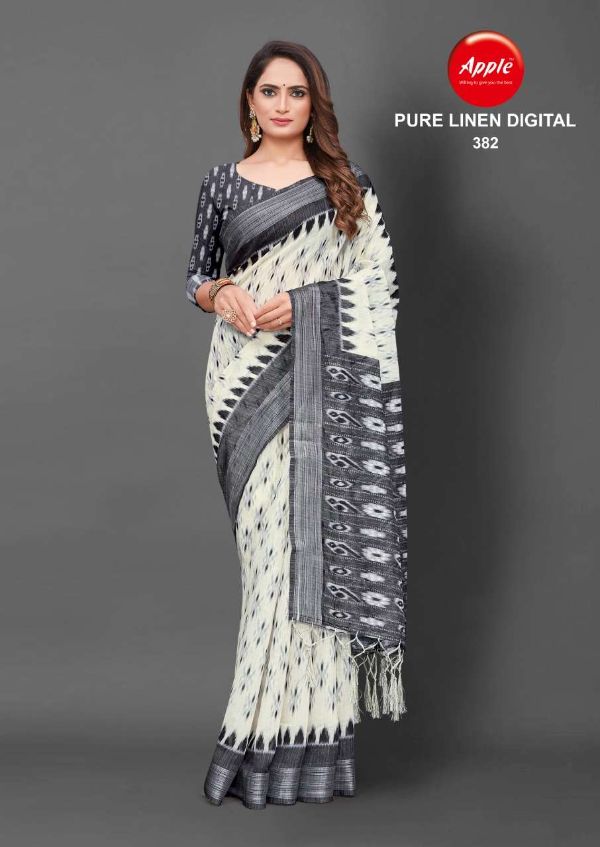White Base Pure Linen Digital Print Saree – Apple Casual Fancy Collection