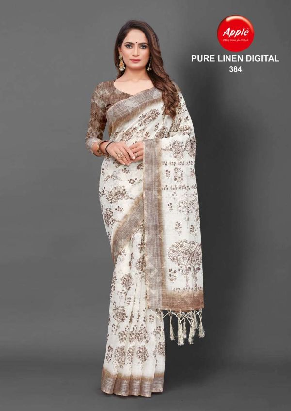 White Base Pure Linen Digital Print Saree – Apple Casual Fancy Collection