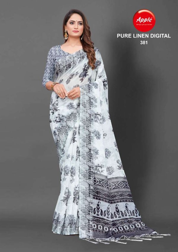 White Base Pure Linen Digital Print Saree – Apple Casual Fancy Collection