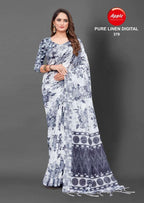 White Base Pure Linen Digital Print Saree – Apple Casual Fancy Collection
