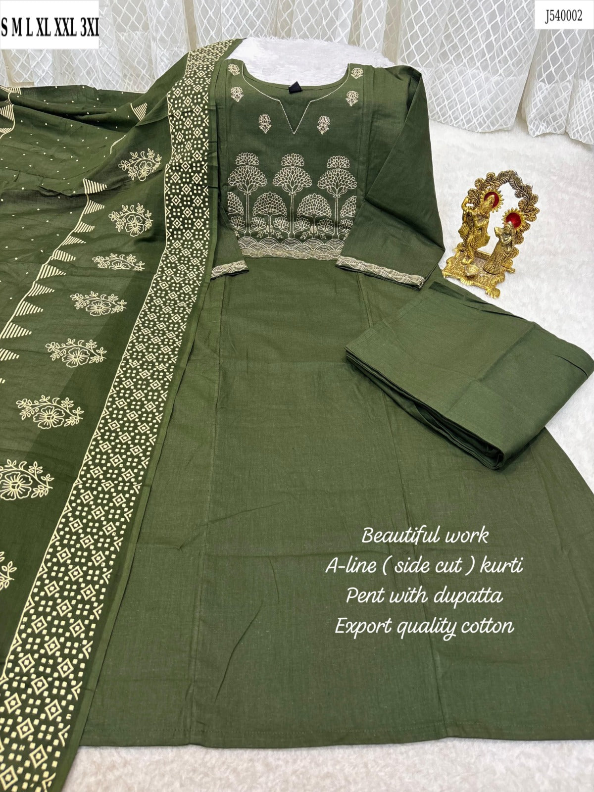 Elegant A-Line Kurti Pant Set with Dupatta – Premium Cotton Collection