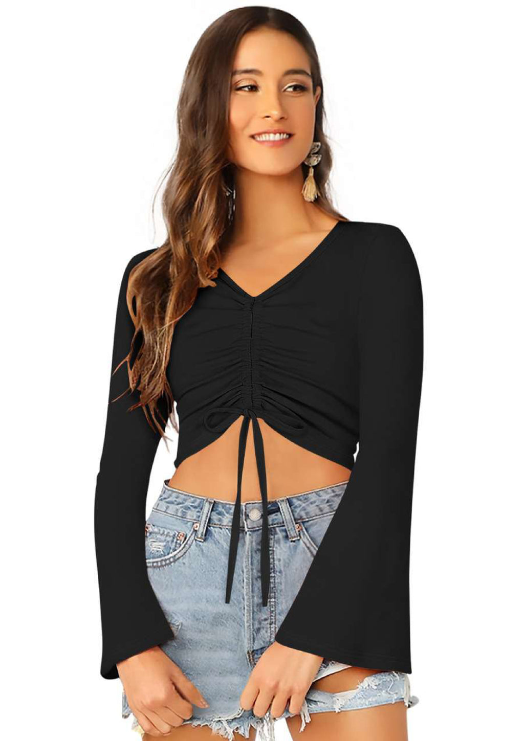 Stylish Ruched Front Crop Top for Women – Trendy Long Sleeve Party & Casual Wear