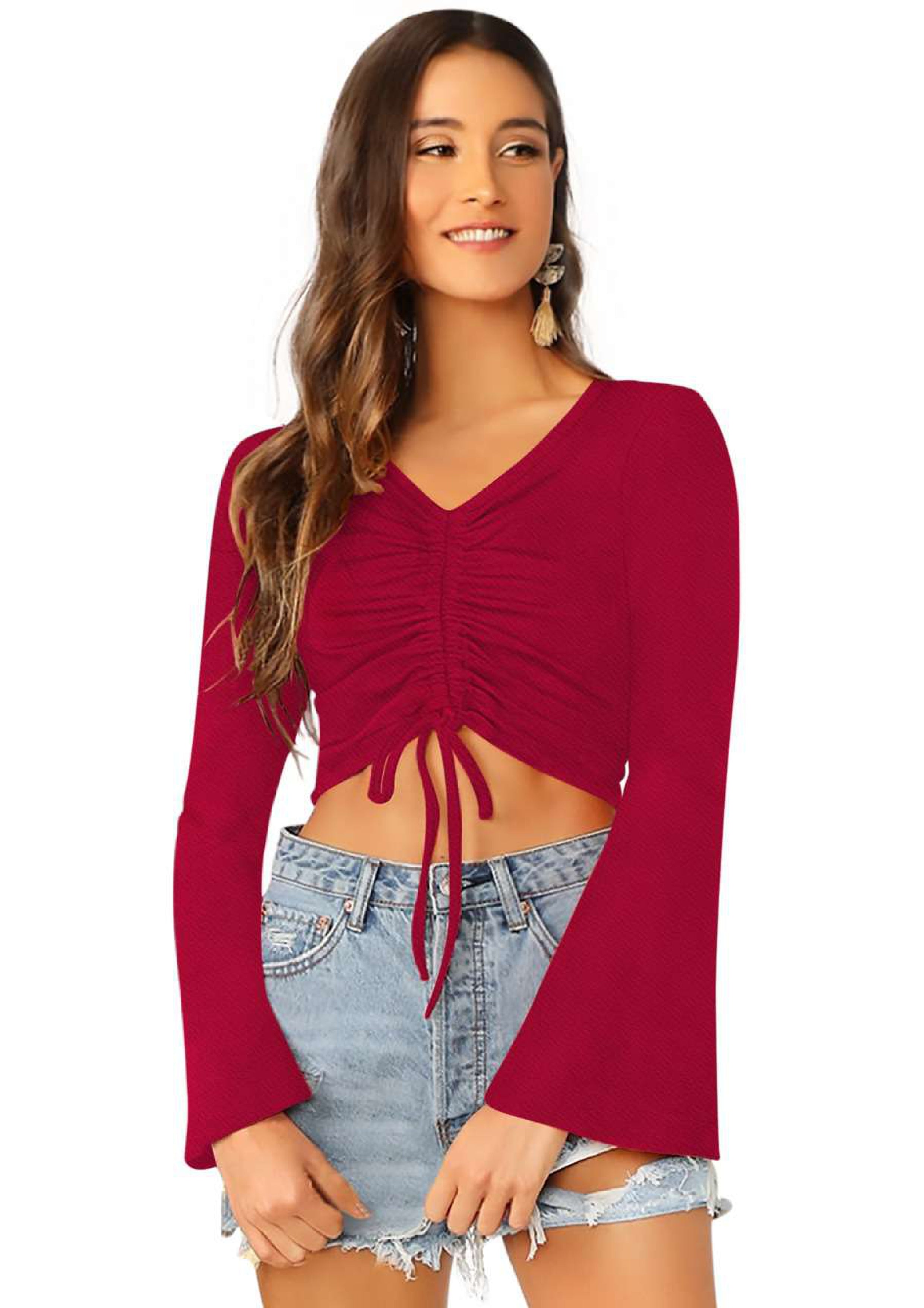 Stylish Ruched Front Crop Top for Women – Trendy Long Sleeve Party & Casual Wear