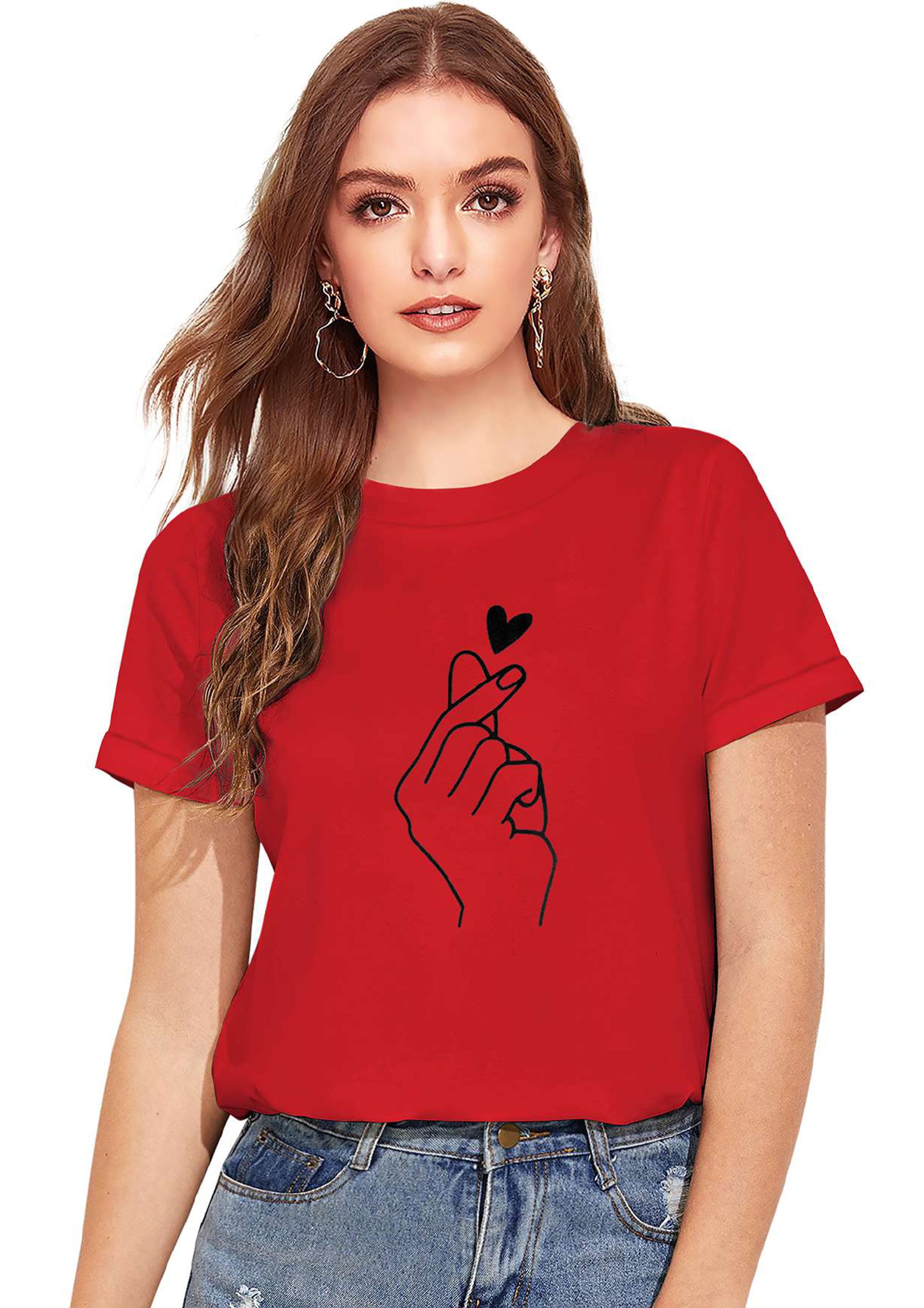 Korean Finger Heart Print T-Shirt for Women | Trendy Casual Wear