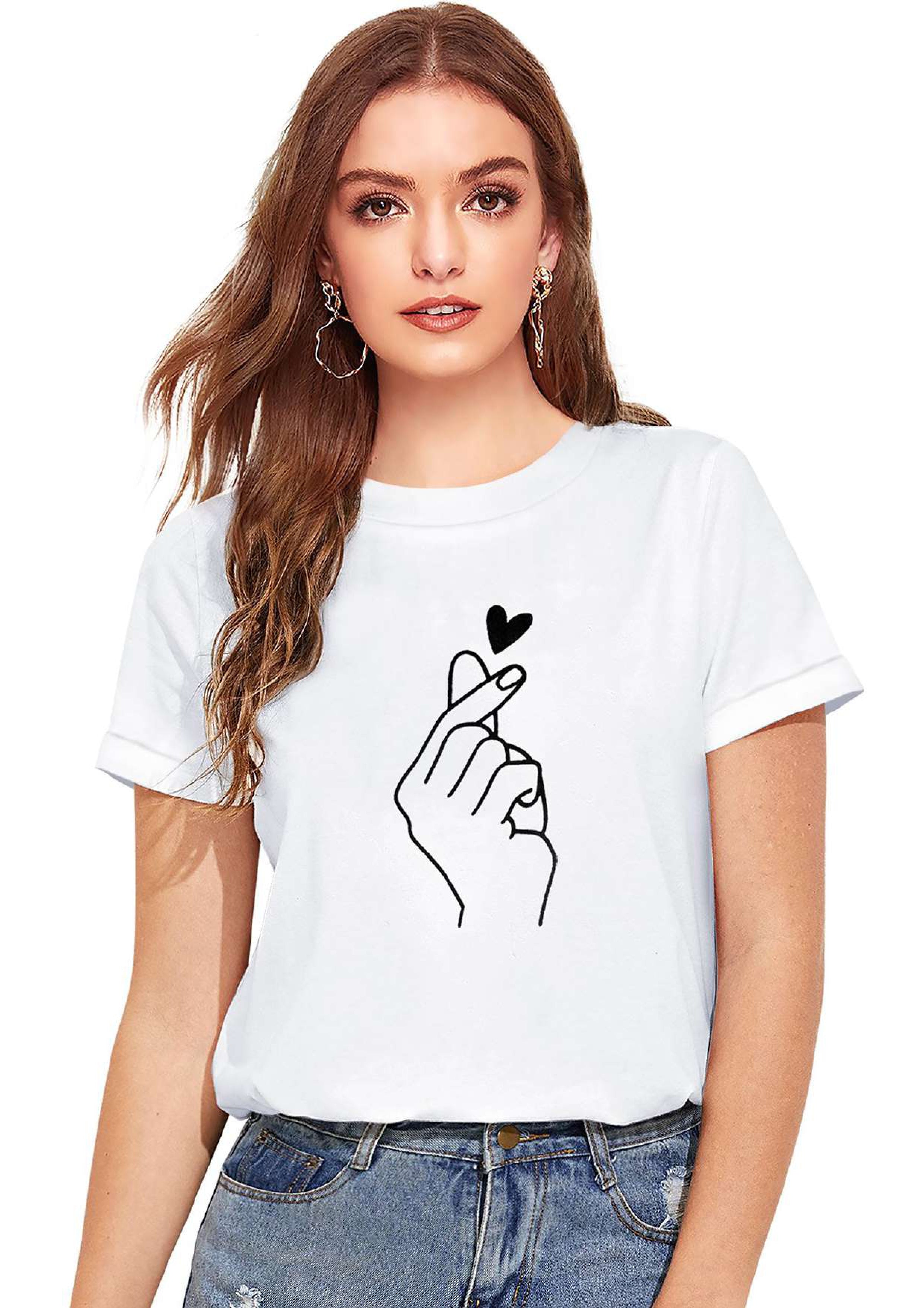 Korean Finger Heart Print T-Shirt for Women | Trendy Casual Wear