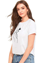 Korean Finger Heart Print T-Shirt for Women | Trendy Casual Wear