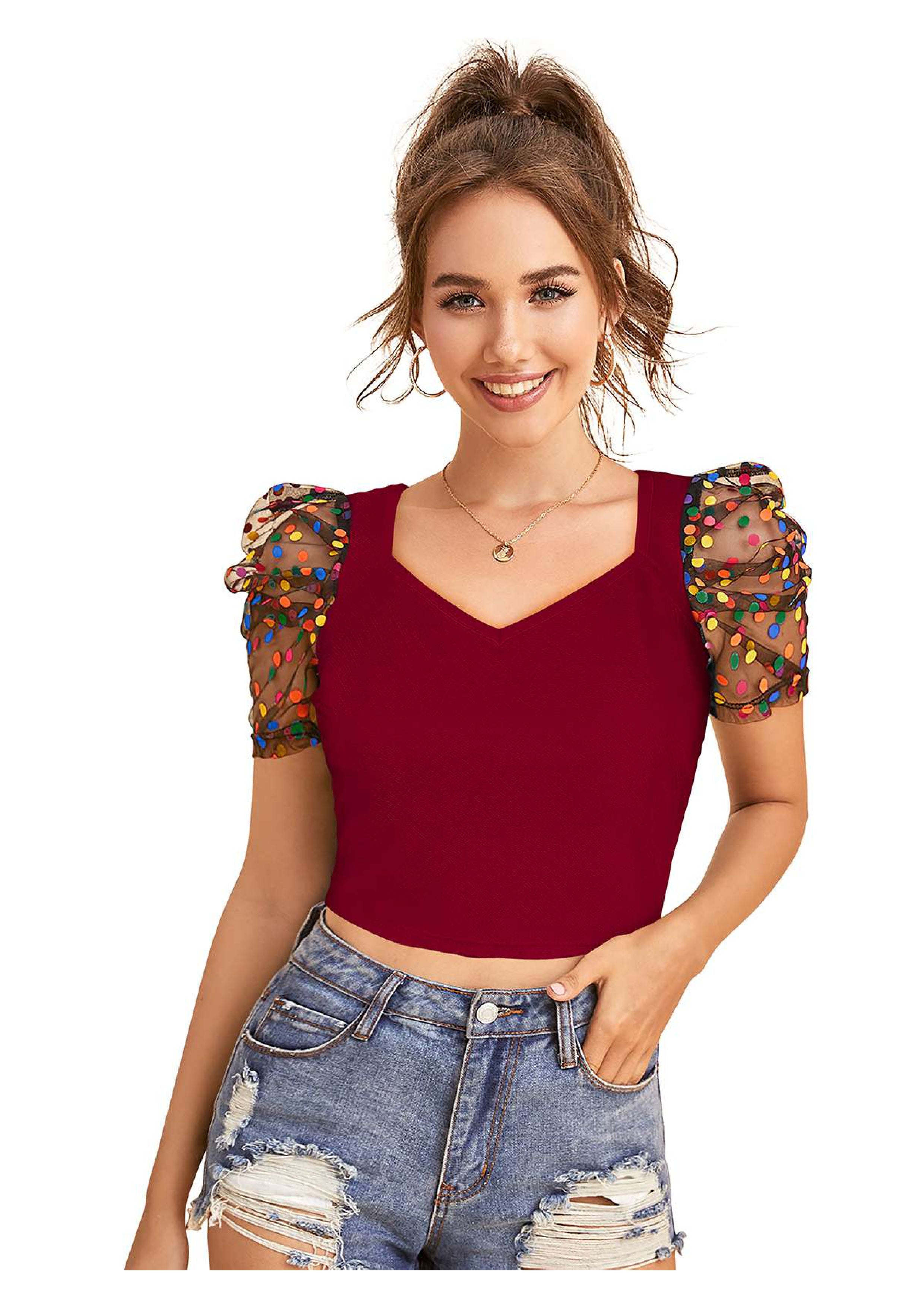 Trendy Puff Sleeve Mesh Crop Top for Women | Party & Casual Wear