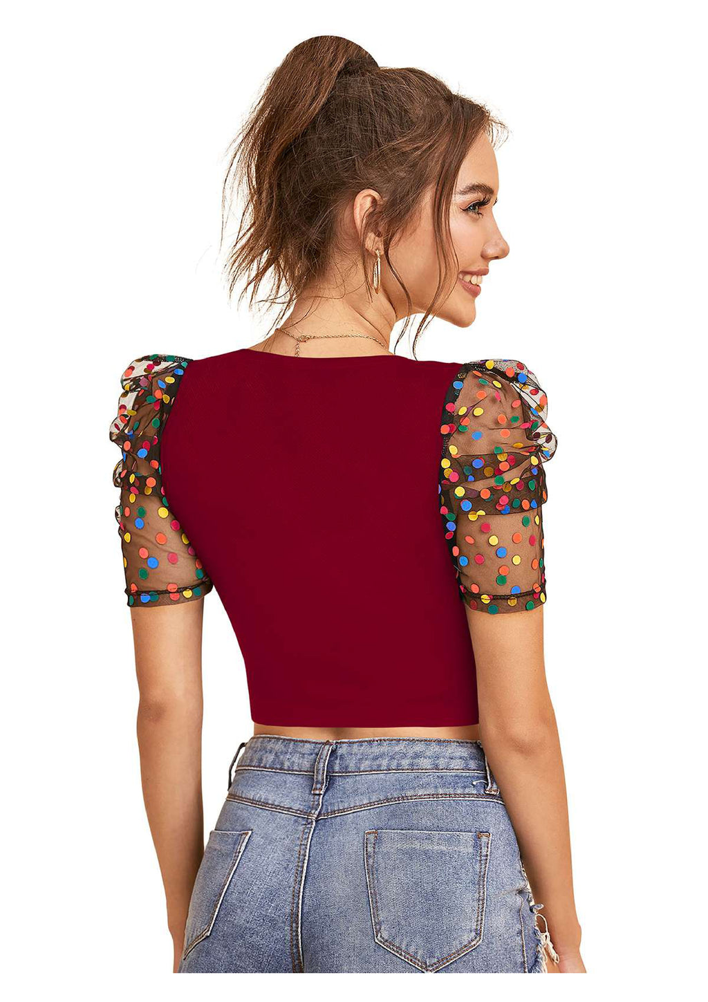 Trendy Puff Sleeve Mesh Crop Top for Women | Party & Casual Wear