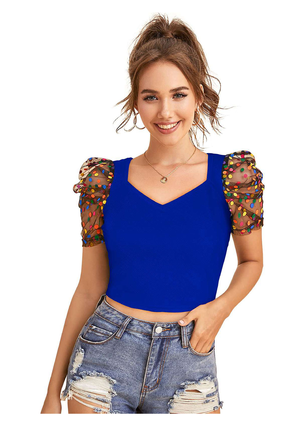 Trendy Puff Sleeve Mesh Crop Top for Women | Party & Casual Wear